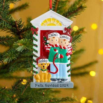 Navidad-Ornamento Navideño con muñecos familia y perrito con 3 nombres personalizados adorno de árbol