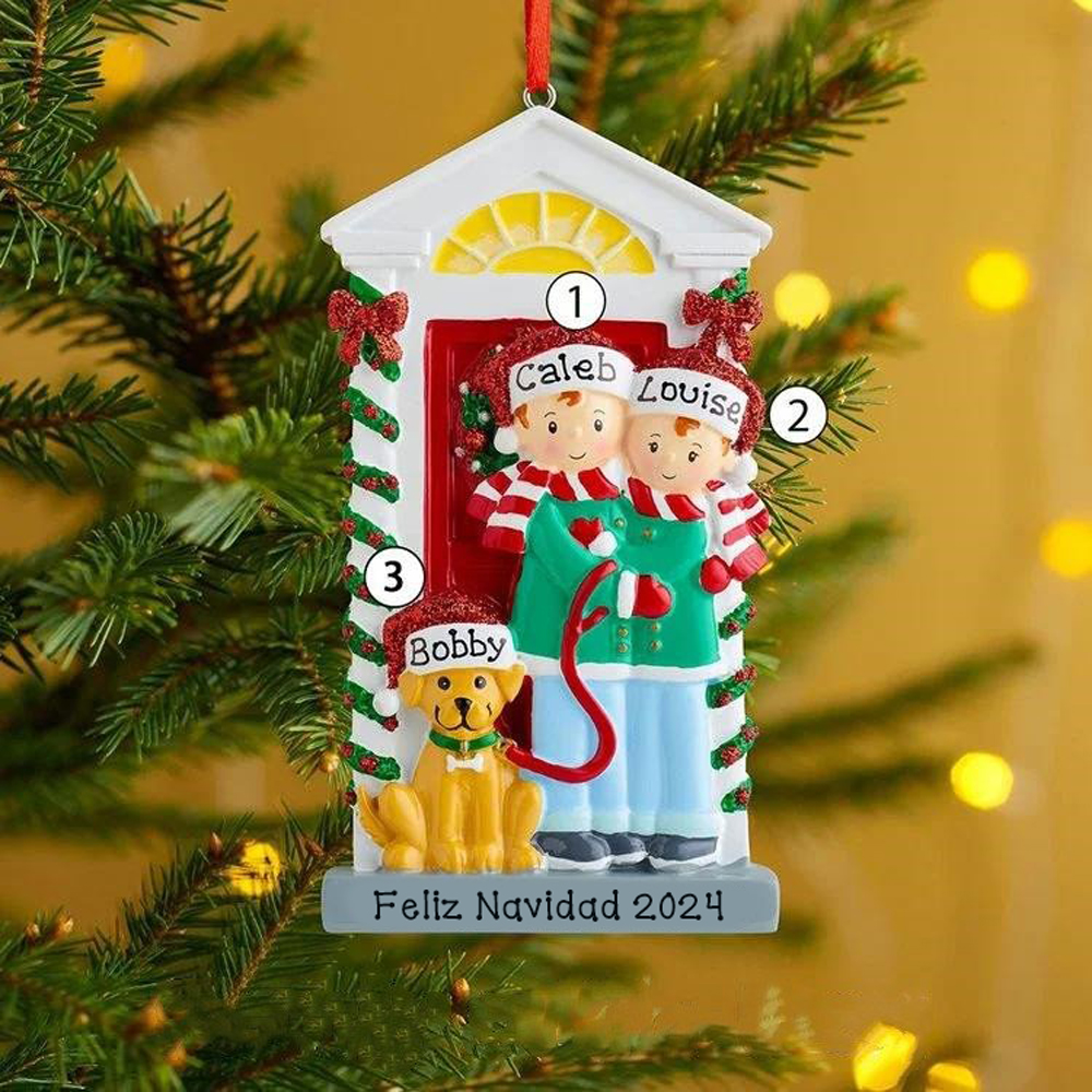 Navidad-Ornamento Navideño con muñecos familia y perrito con 3 nombres personalizados adorno de árbol