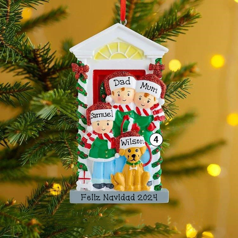 Navidad-Ornamento Navideño con muñecos familia y perrito con 4 nombres personalizados adorno de árbol