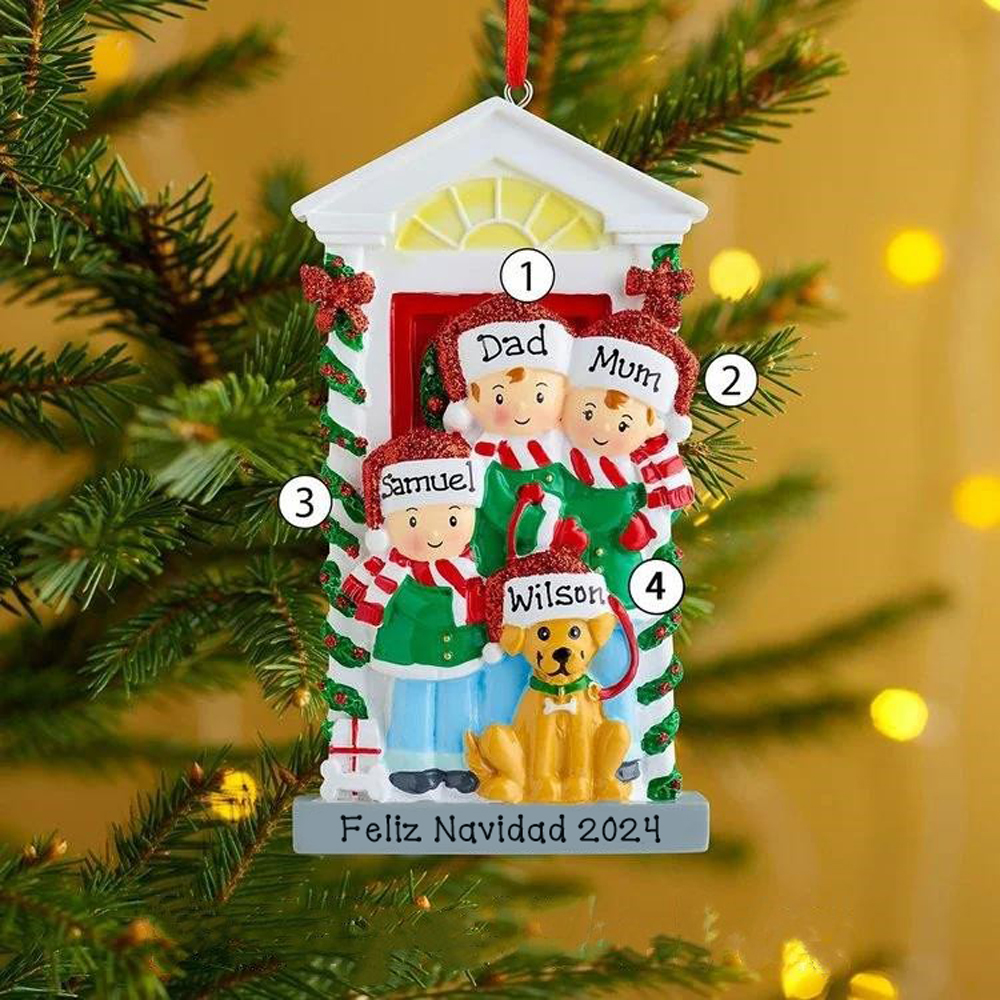 Navidad-Ornamento Navideño con muñecos familia y perrito con 4 nombres personalizados adorno de árbol