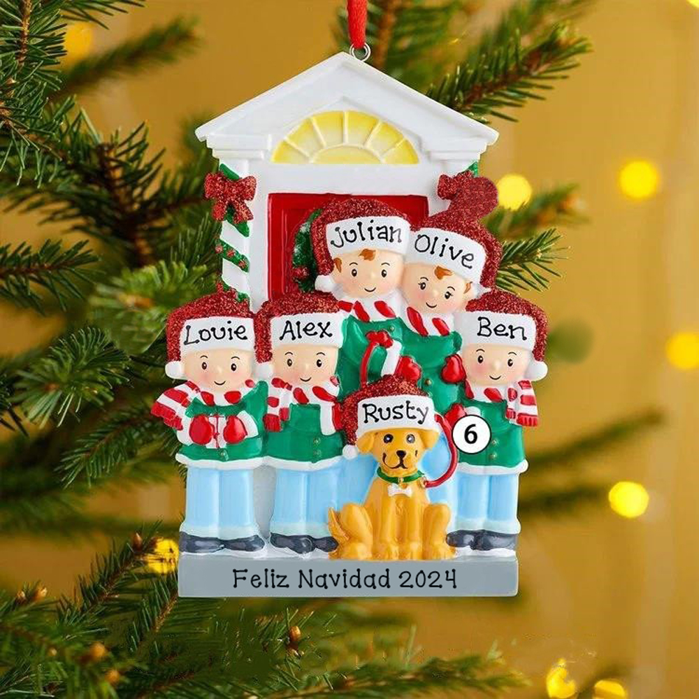 Navidad-Ornamento Navideño con muñecos familia y perrito con 6 nombres personalizados adorno de árbol