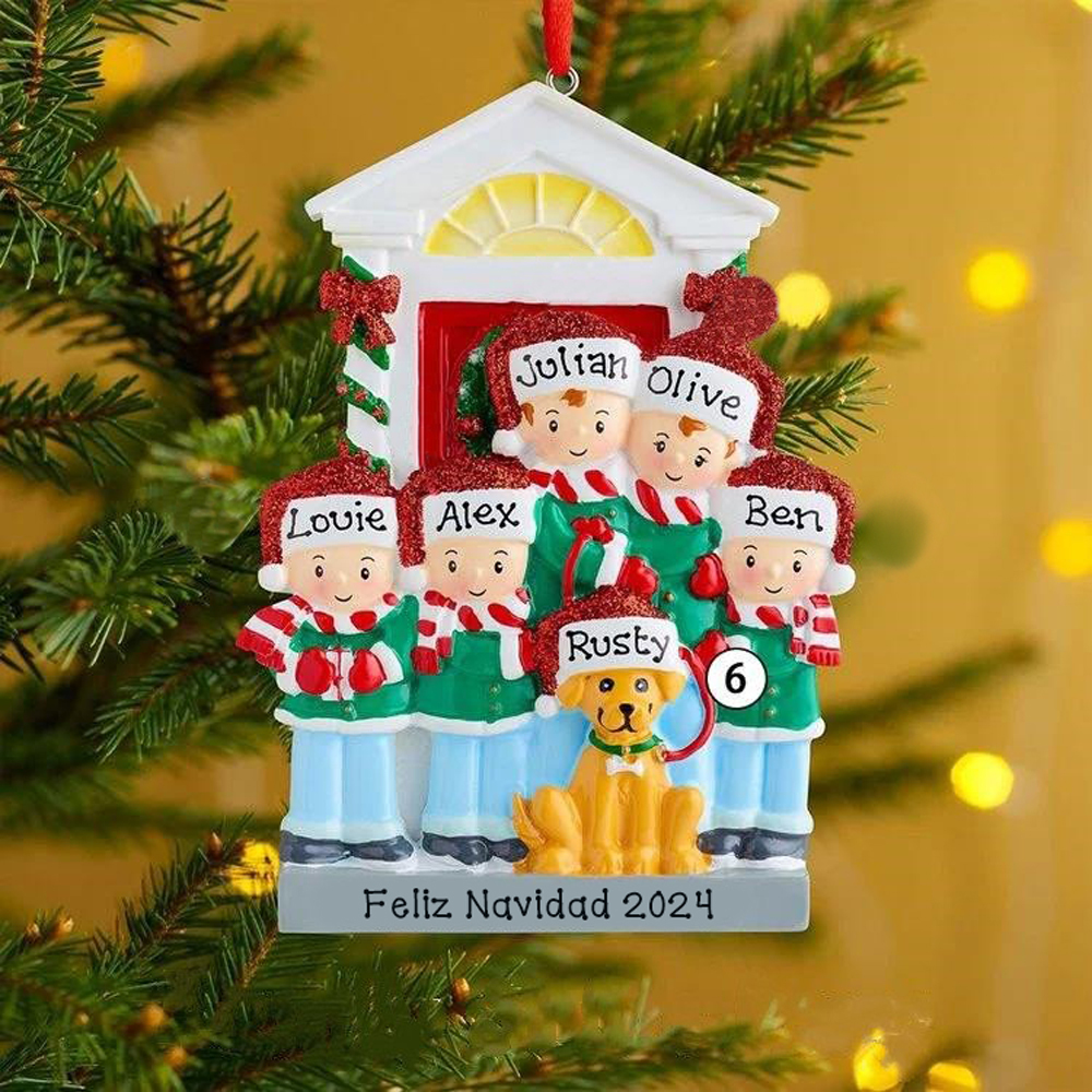 Navidad-Ornamento Navideño con muñecos familia y perrito con 6 nombres personalizados adorno de árbol