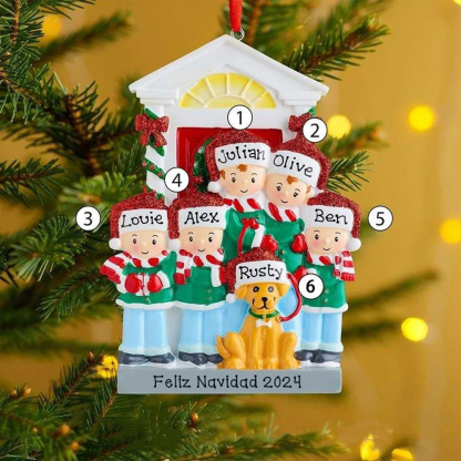Navidad-Ornamento Navideño con muñecos familia y perrito con 6 nombres personalizados adorno de árbol