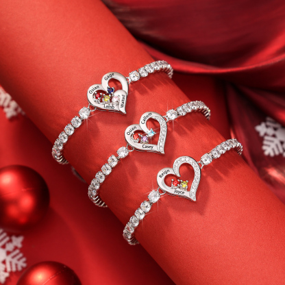 Pulsera personalizada con 2 a 4 nombres, corazón y piedra de nacimiento de circonita cúbica | Jessemade