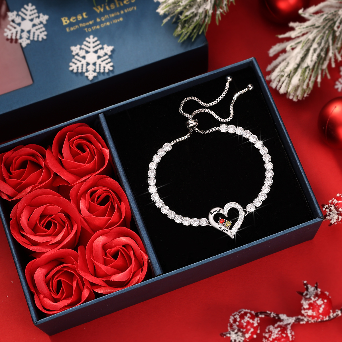 Pulsera personalizada con 2 a 4 nombres, corazón y piedra de nacimiento de circonita cúbica | Jessemade