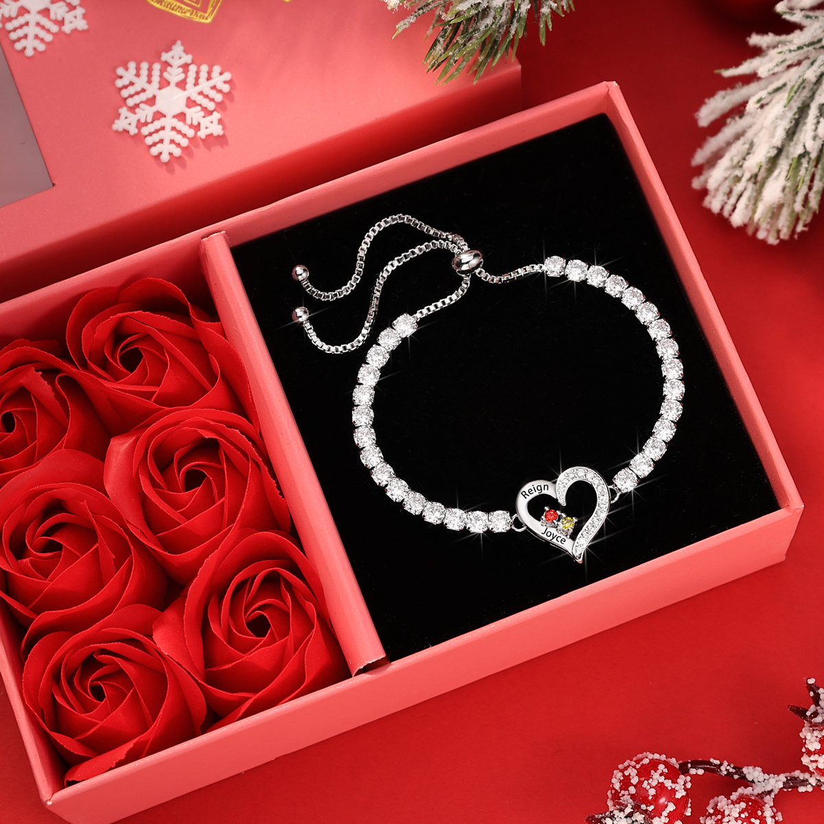 Pulsera personalizada con 2 a 4 nombres, corazón y piedra de nacimiento de circonita cúbica | Jessemade