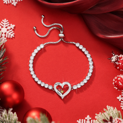 Pulsera personalizada con 2 a 4 nombres, corazón y piedra de nacimiento de circonita cúbica | Jessemade