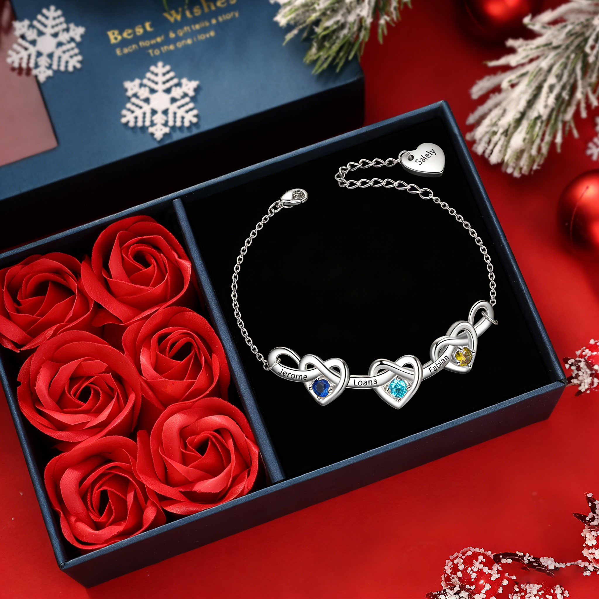 Pulsera para mujer de corazones entrelazados con 2-6 nombres y piedras personalizados color plateado | Jessemade