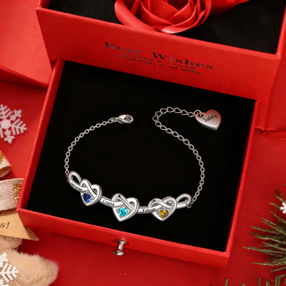 Pulsera para mujer de corazones entrelazados con 2-6 nombres y piedras personalizados color plateado | Jessemade