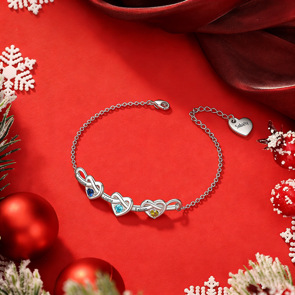 Pulsera para mujer de corazones entrelazados con 2-6 nombres y piedras personalizados color plateado | Jessemade