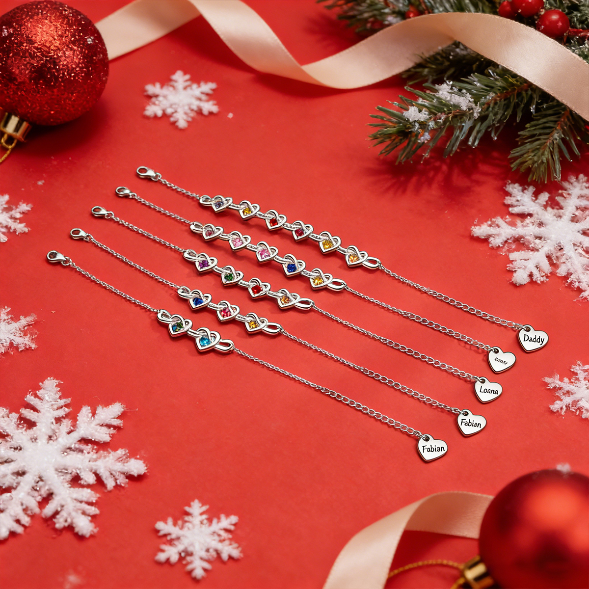 Pulsera para mujer de corazones entrelazados con 2-6 nombres y piedras personalizados color plateado | Jessemade