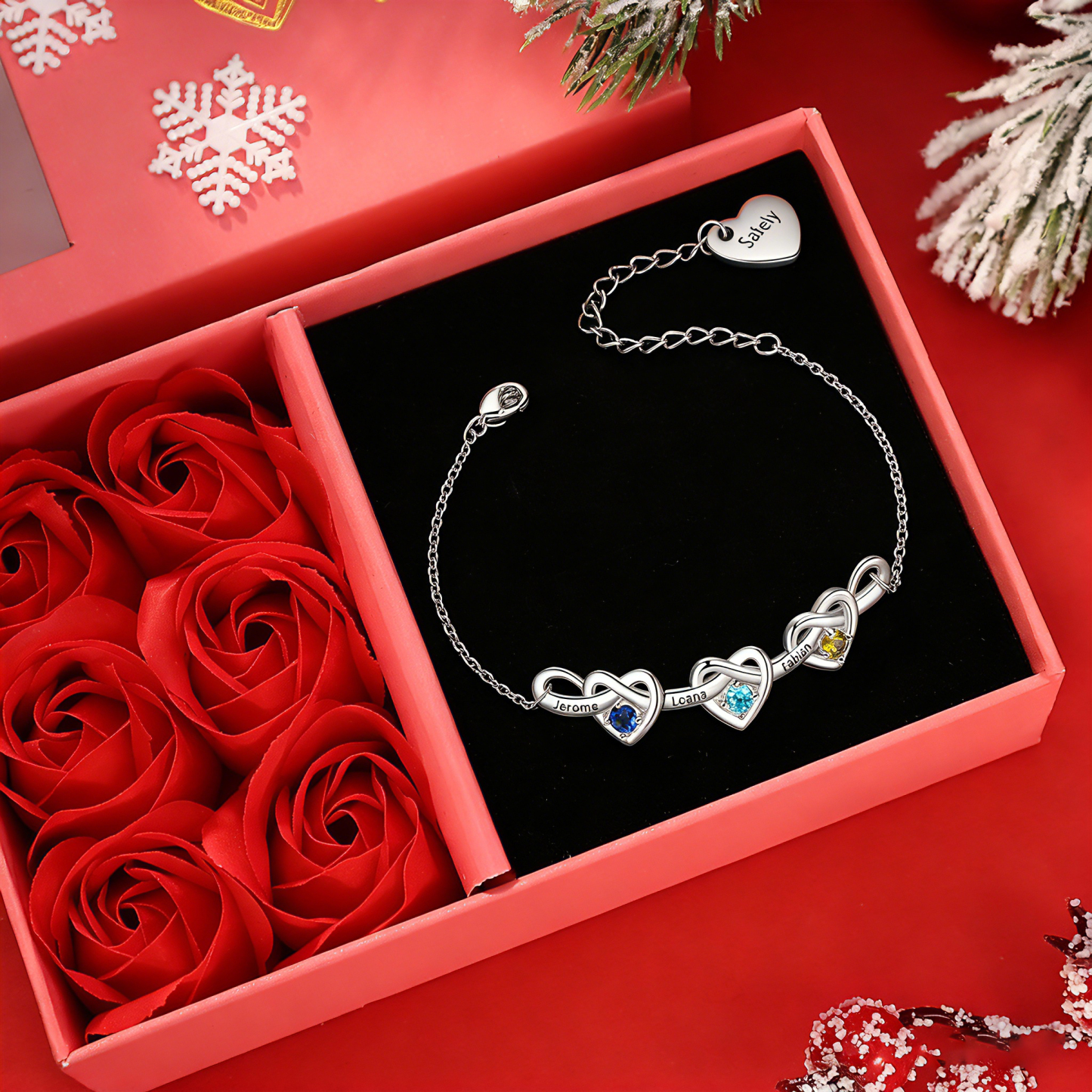 Pulsera para mujer de corazones entrelazados con 2-6 nombres y piedras personalizados color plateado | Jessemade