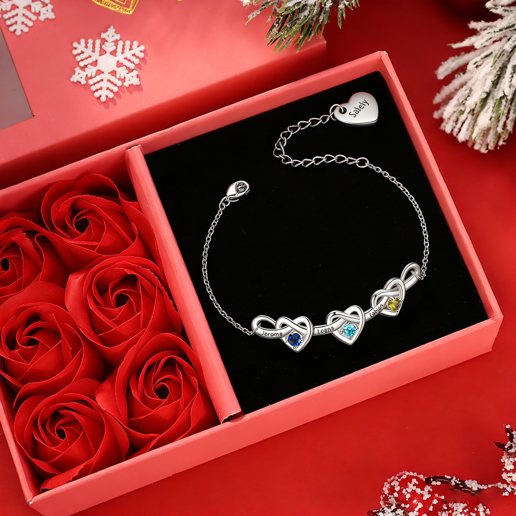 Pulsera para mujer de corazones entrelazados con 2-6 nombres y piedras personalizados color plateado | Jessemade