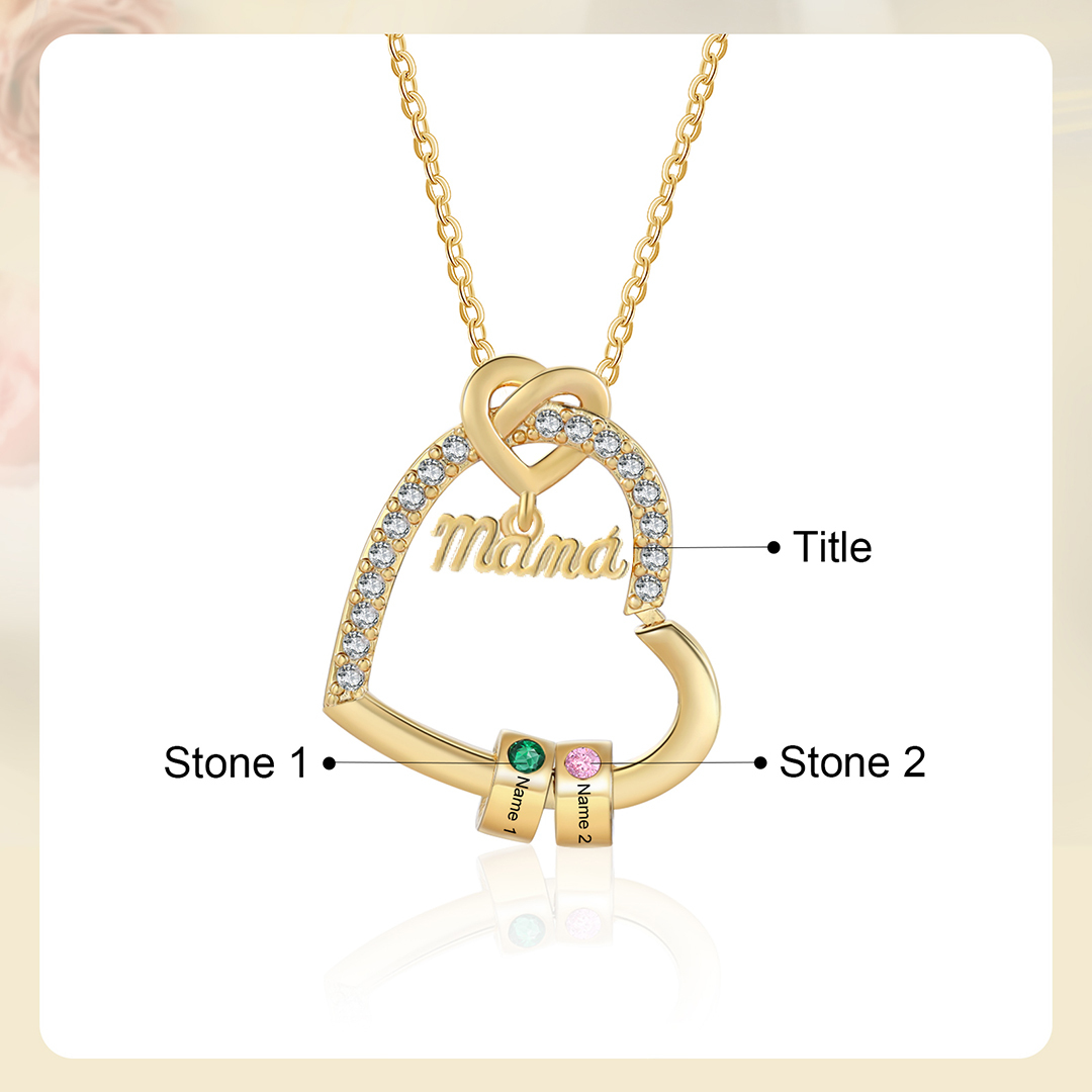 Collar en forma de corazón 1-5 nombres y piedras de nacimiento personalizados con colgante de "MAMÁ" color oro | Jessemade