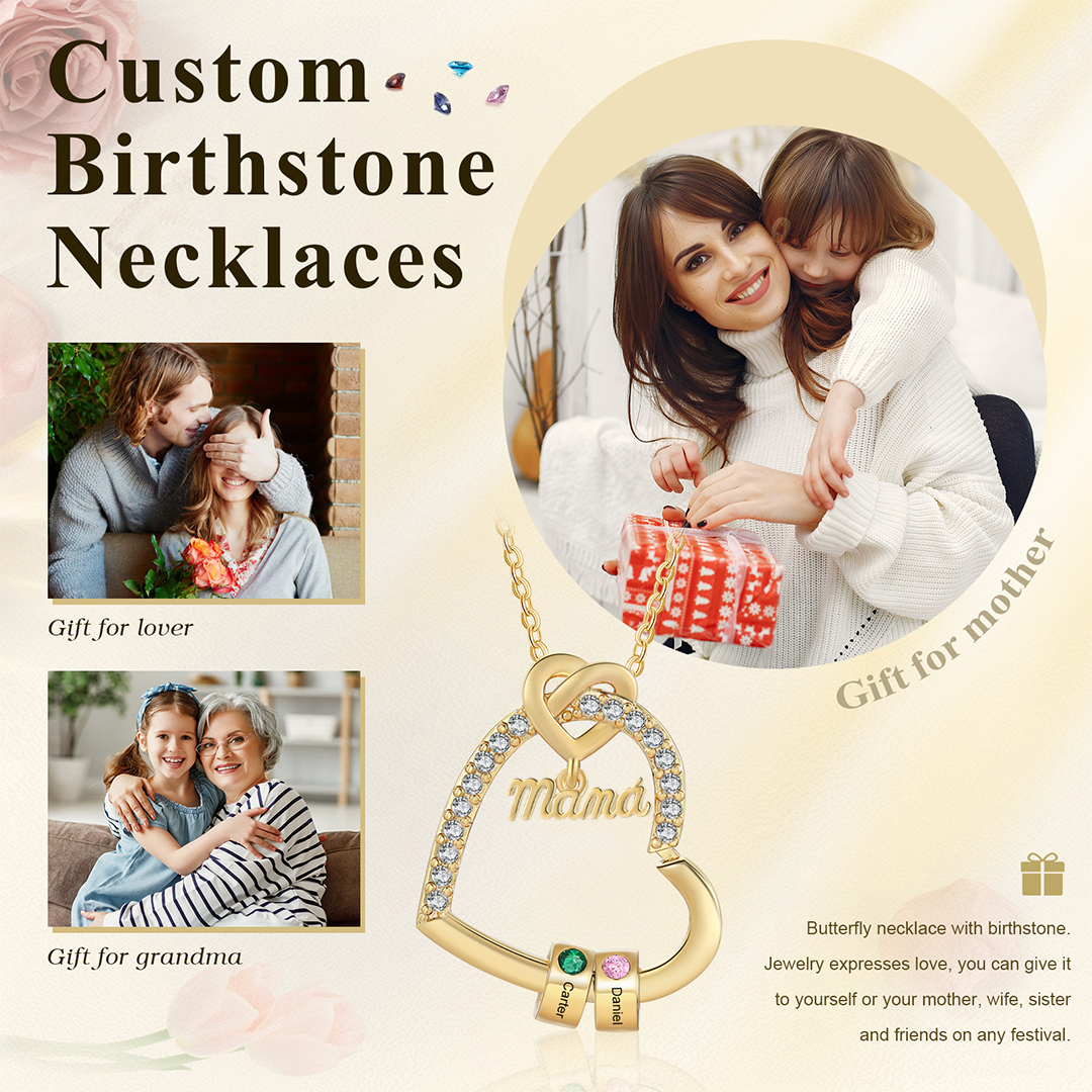 Collar en forma de corazón 1-5 nombres y piedras de nacimiento personalizados con colgante de "MAMÁ" color oro | Jessemade