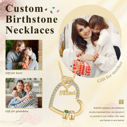 Collar en forma de corazón 1-5 nombres y piedras de nacimiento personalizados con colgante de "MAMÁ" color oro | Jessemade