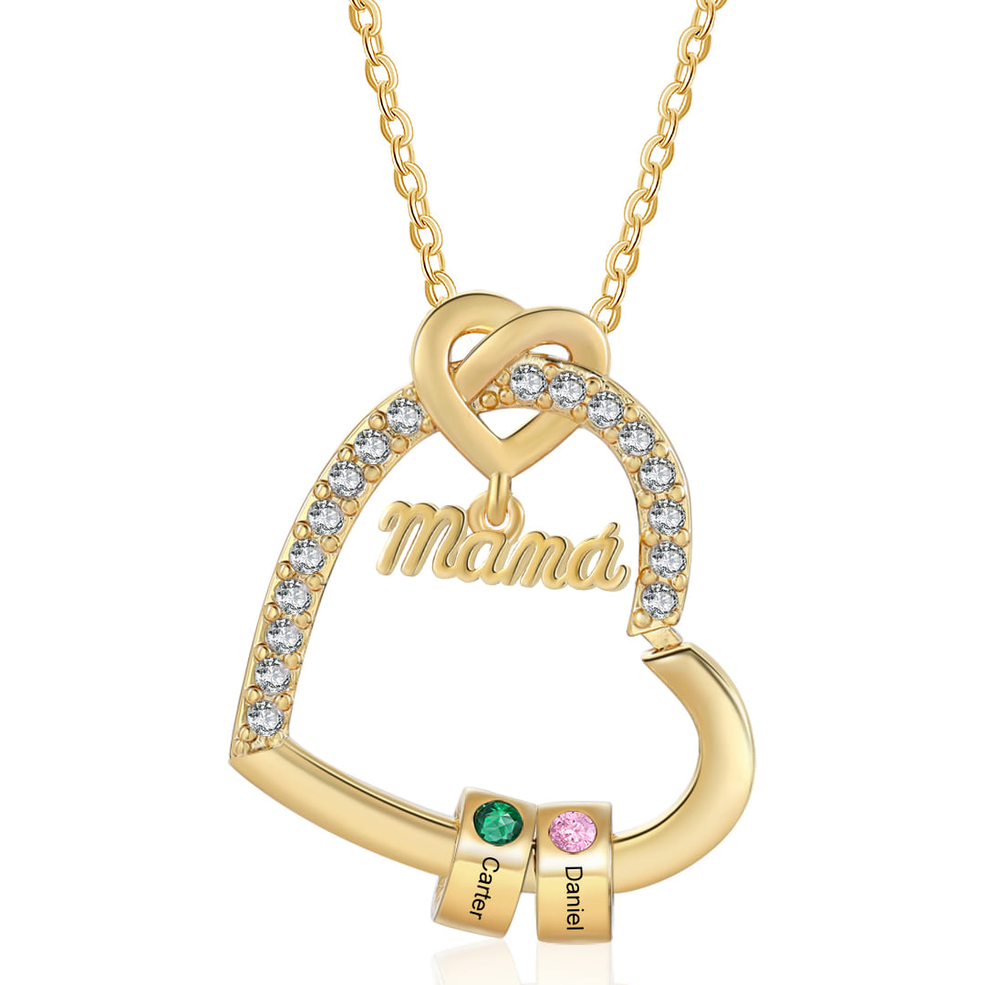 Collar en forma de corazón 1-5 nombres y piedras de nacimiento personalizados con colgante de "MAMÁ" color oro | Jessemade