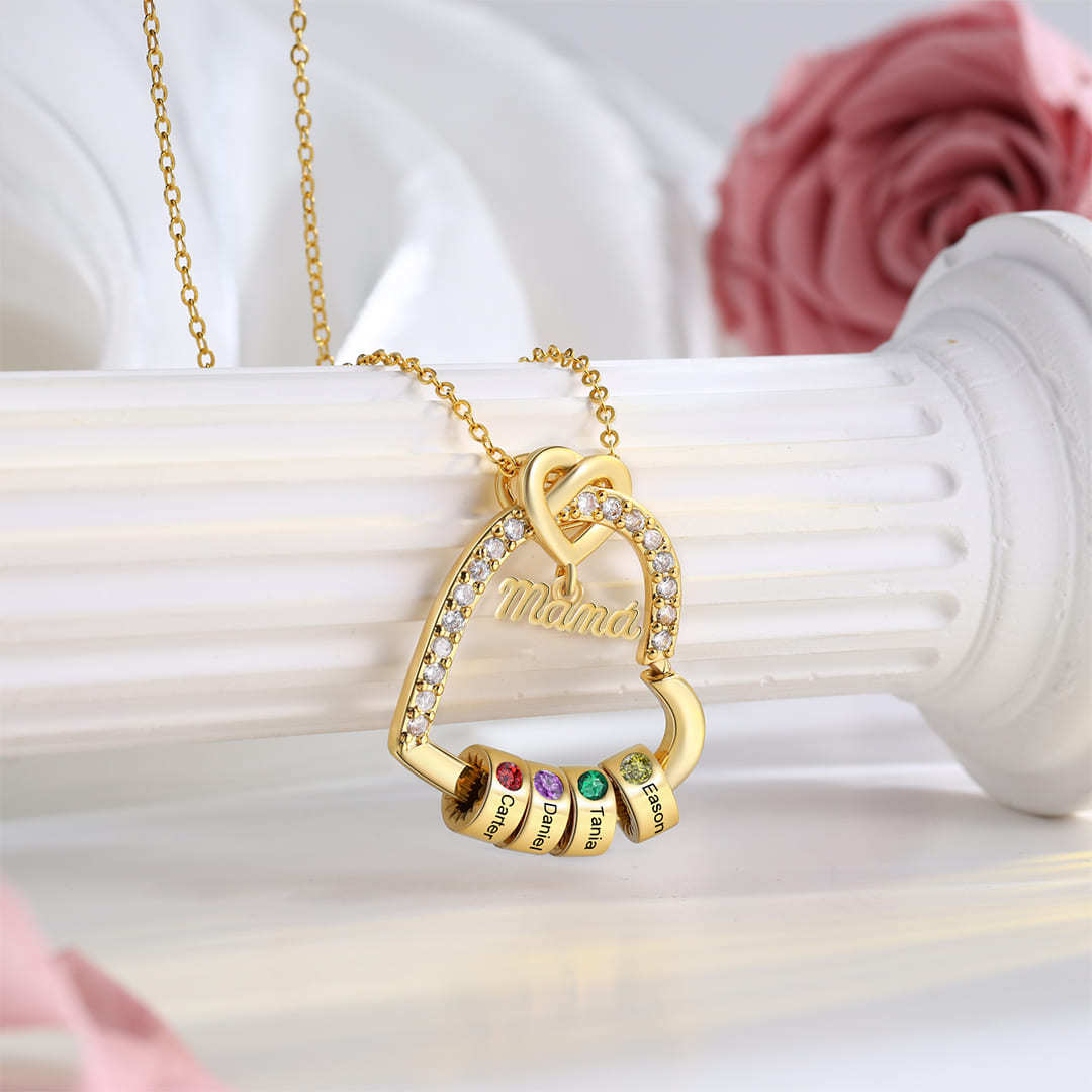 Collar en forma de corazón 1-5 nombres y piedras de nacimiento personalizados con colgante de "MAMÁ" color oro | Jessemade