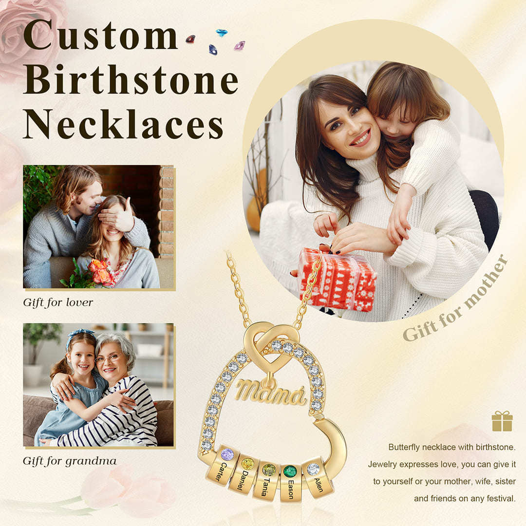 Collar en forma de corazón 1-5 nombres y piedras de nacimiento personalizados con colgante de "MAMÁ" color oro | Jessemade