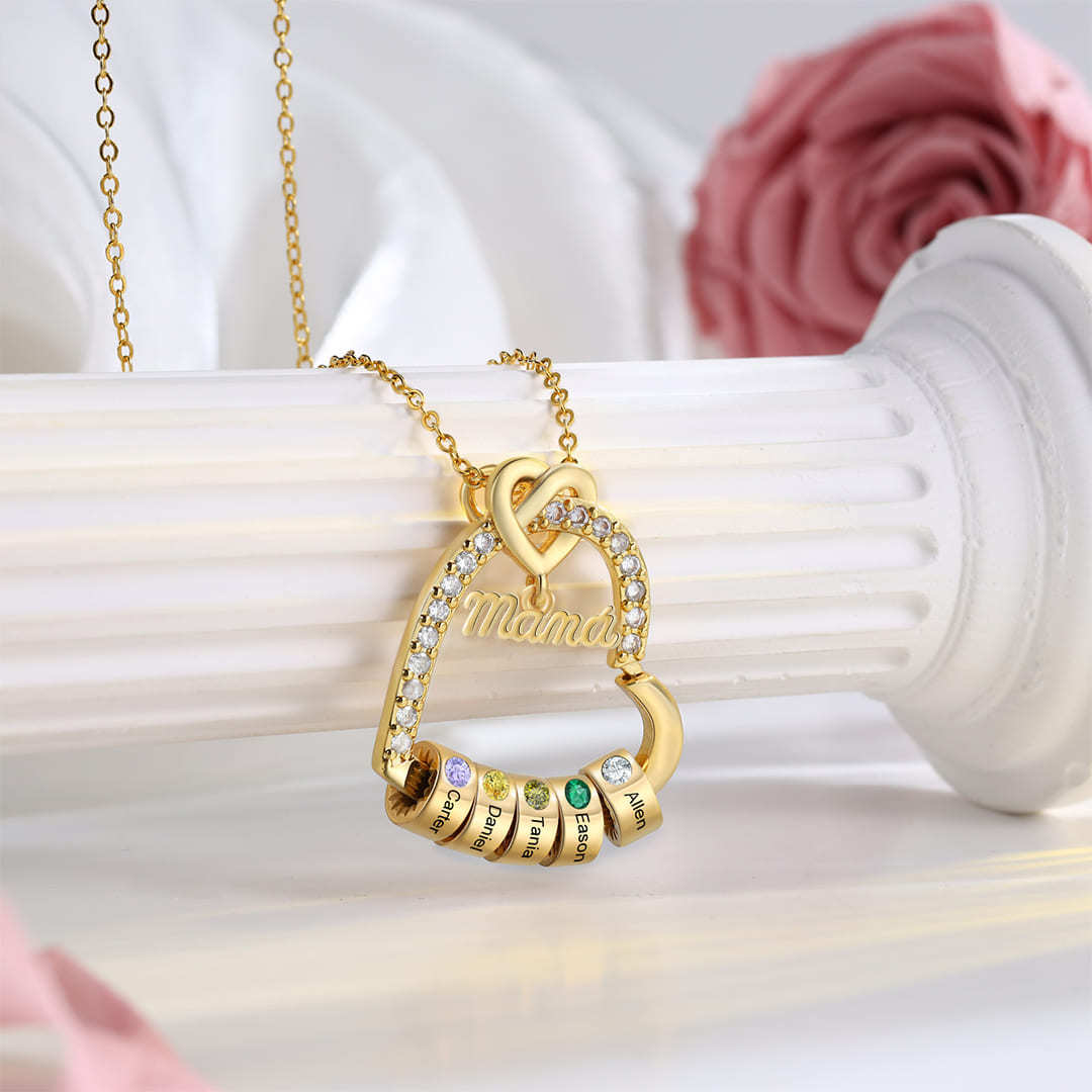 Collar en forma de corazón 1-5 nombres y piedras de nacimiento personalizados con colgante de "MAMÁ" color oro | Jessemade