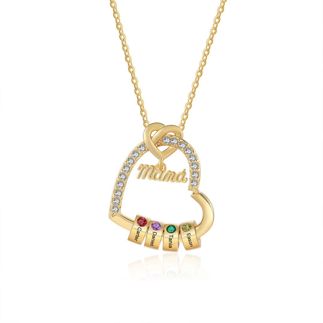 Collar en forma de corazón 1-5 nombres y piedras de nacimiento personalizados con colgante de "MAMÁ" color oro | Jessemade