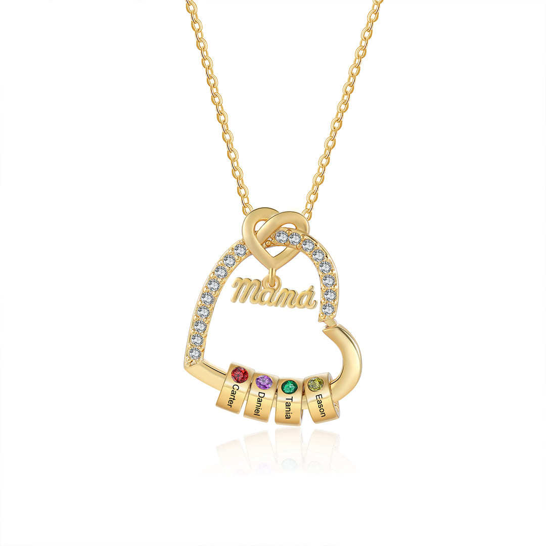 Collar en forma de corazón 1-5 nombres y piedras de nacimiento personalizados con colgante de "MAMÁ" color oro | Jessemade