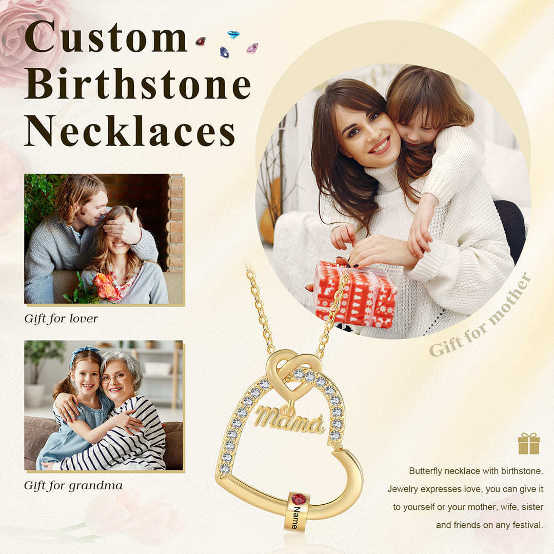 Collar en forma de corazón 1-5 nombres y piedras de nacimiento personalizados con colgante de "MAMÁ" color oro | Jessemade