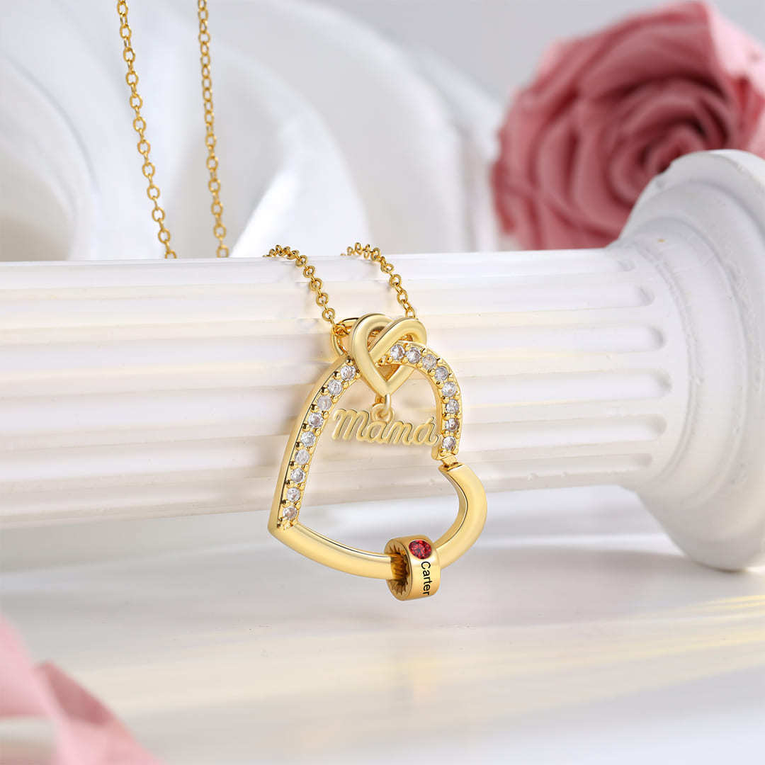 Collar en forma de corazón 1-5 nombres y piedras de nacimiento personalizados con colgante de "MAMÁ" color oro | Jessemade