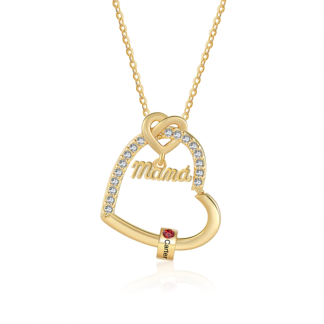 Collar en forma de corazón 1-5 nombres y piedras de nacimiento personalizados con colgante de "MAMÁ" color oro | Jessemade