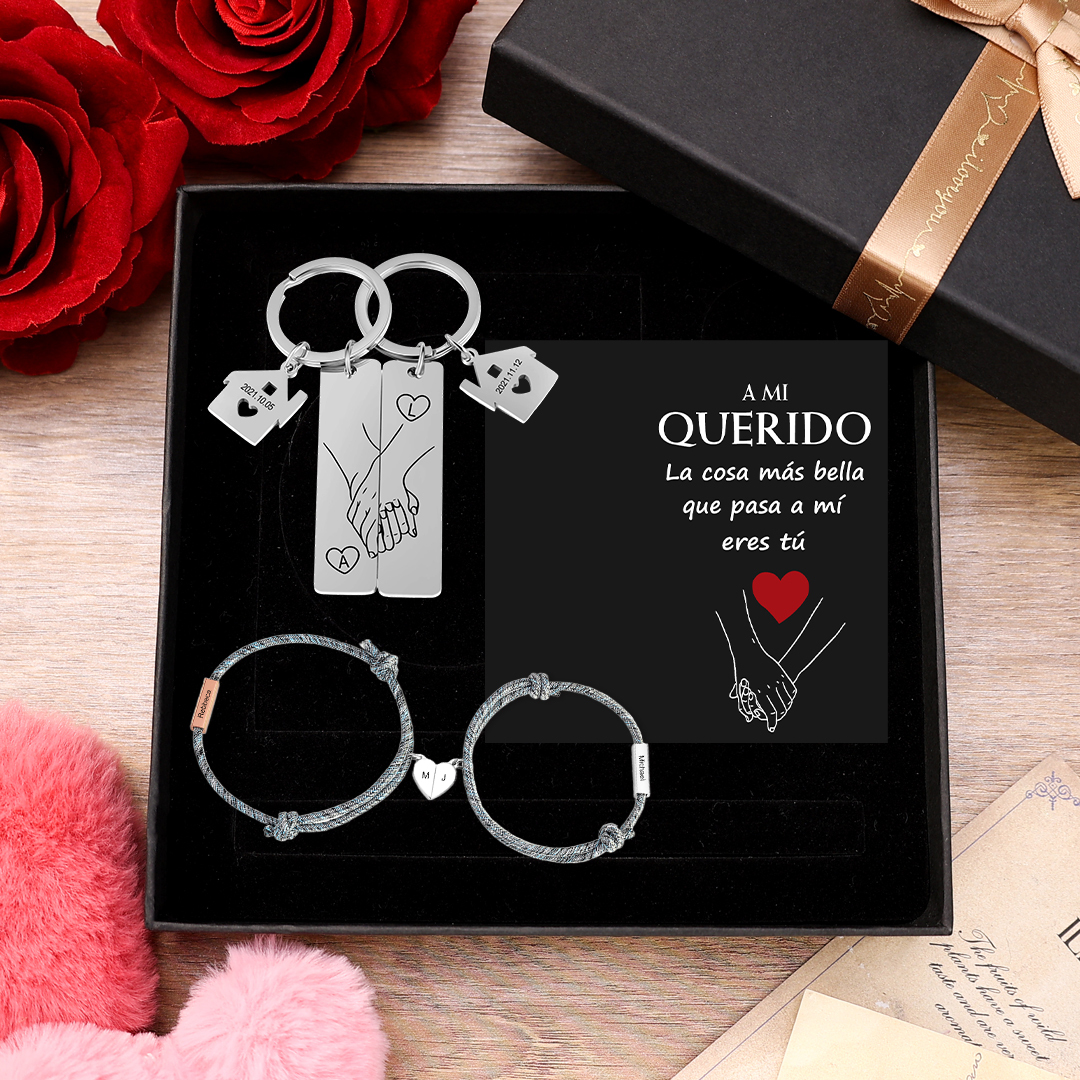 Kit de Regalo Personalizado para Parejas con Llavero, Pulseras, Tarjeta y Caja-Jessemade ES