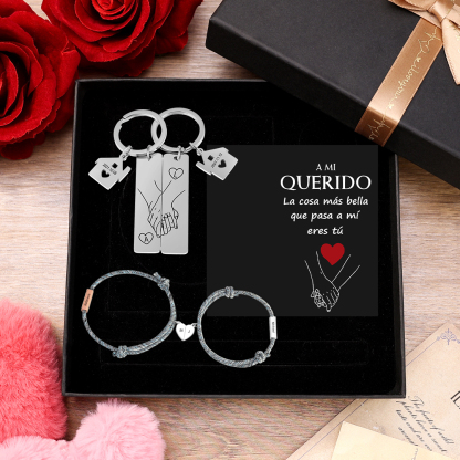 Kit de Regalo Personalizado para Parejas con Llavero, Pulseras, Tarjeta y Caja-Jessemade ES