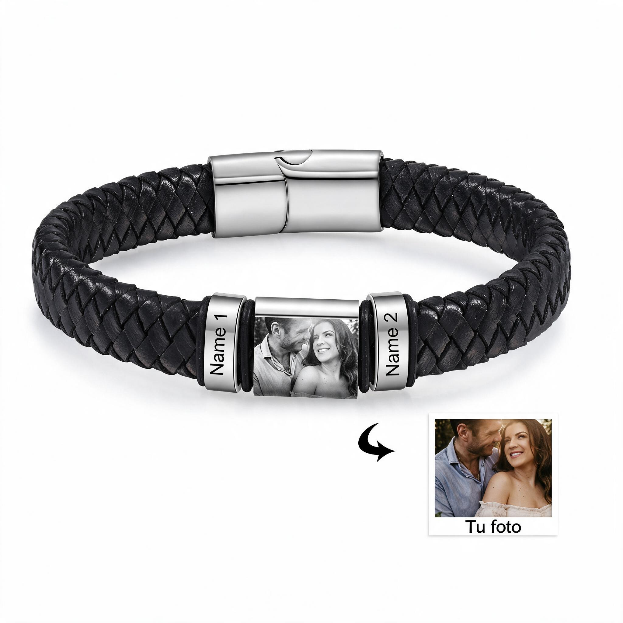 Pulsera de Cueros Trenzados Aros Personalizados de 2-5 Nombres y Placa de Foto