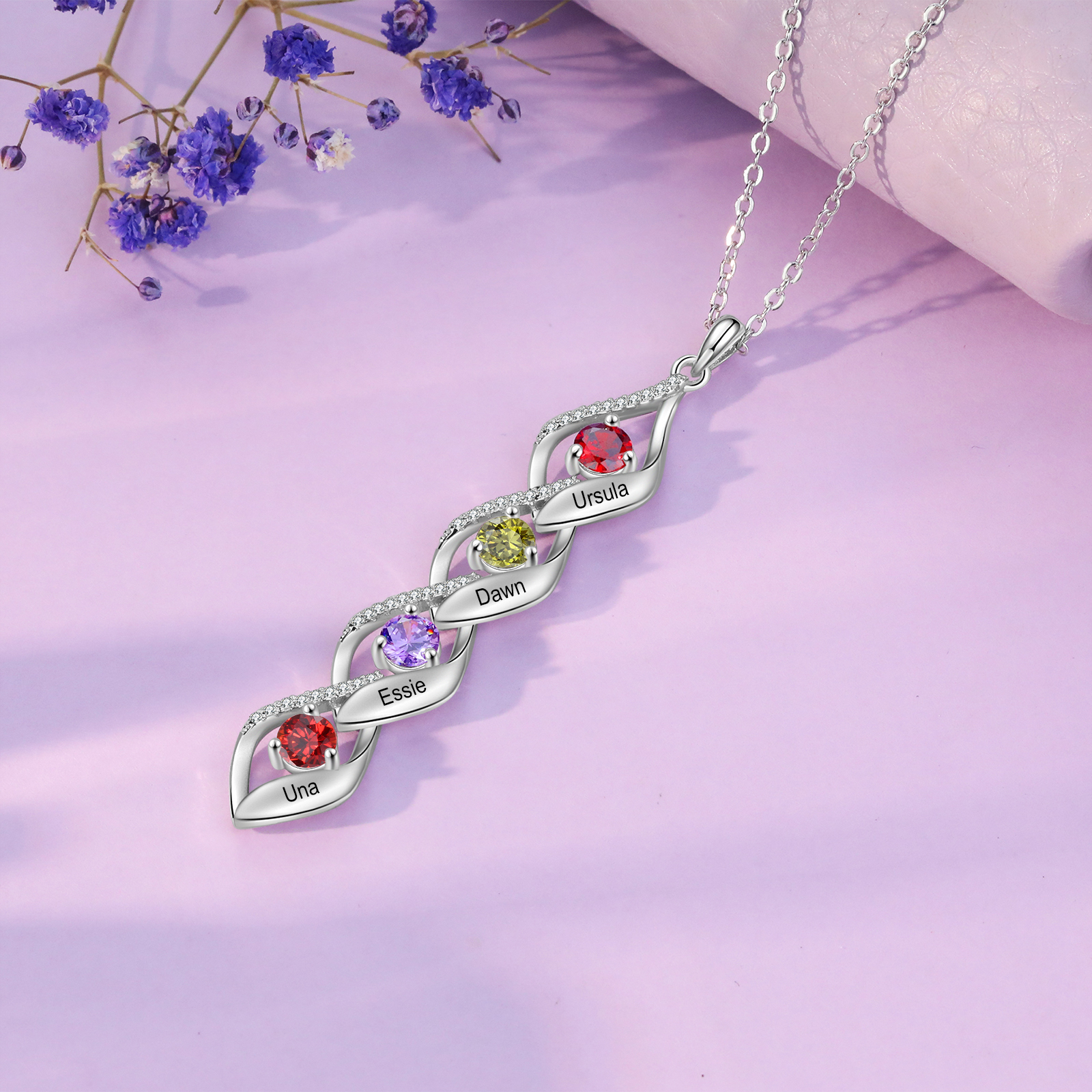 Collar de lazos con 2-5 nombres y piedras de nacimiento personalizados-Jessemade ES