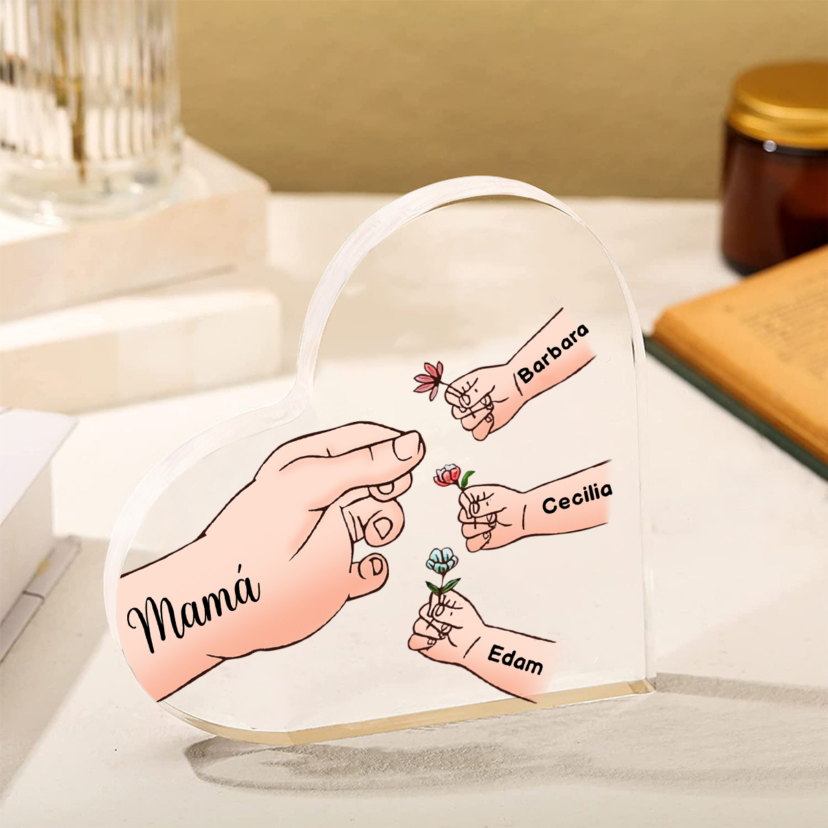A mi mamá/abuela-Placa de acrílico en forma de corazón mano y manitos 1-8 nombres y 1 texto personalizados-Jessemade ES