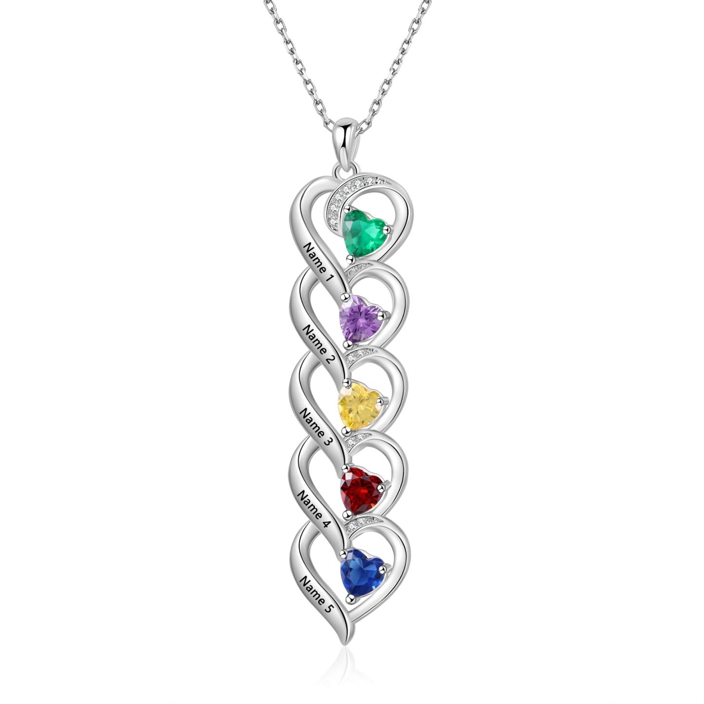 Collar de cinco corazones con 5 nombres y piedras de nacimiento personalizados-Jessemade ES