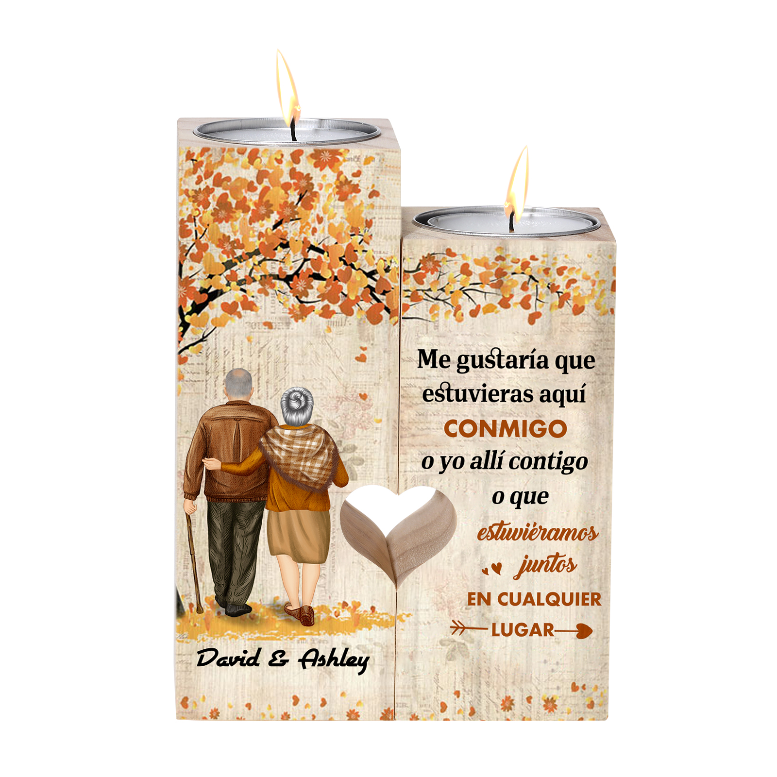 Candelero de sombras de pareja anciana de madera de dos piezas sin candela con 1 texto personalizado-Jessemade ES