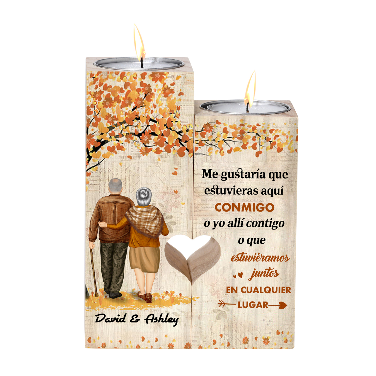 Candelero de sombras de pareja anciana de madera de dos piezas sin candela con 1 texto personalizado-Jessemade ES