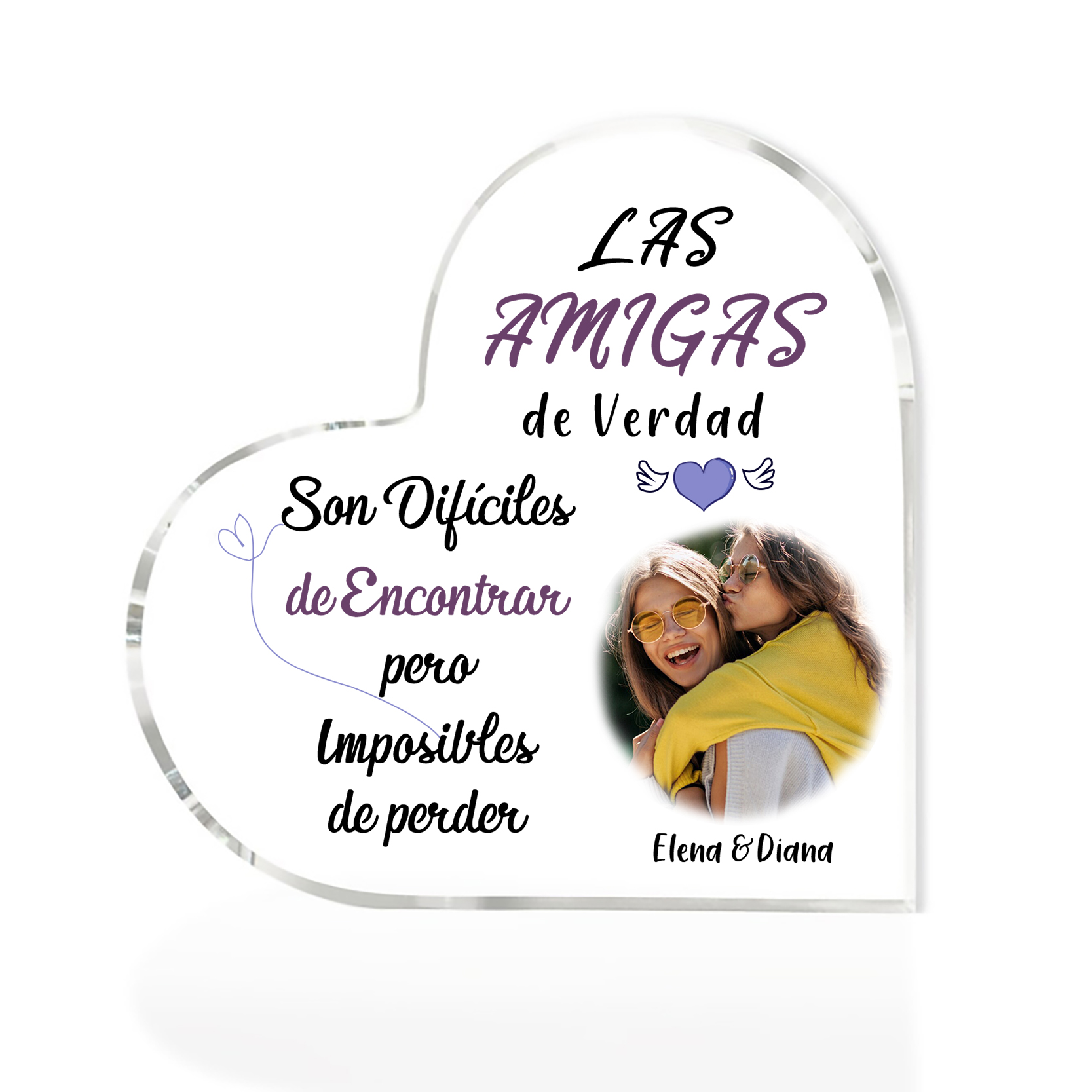 Placa de acrílico en forma de corazón para amiga con foto y 2 nombres personalizados-Jessemade ES