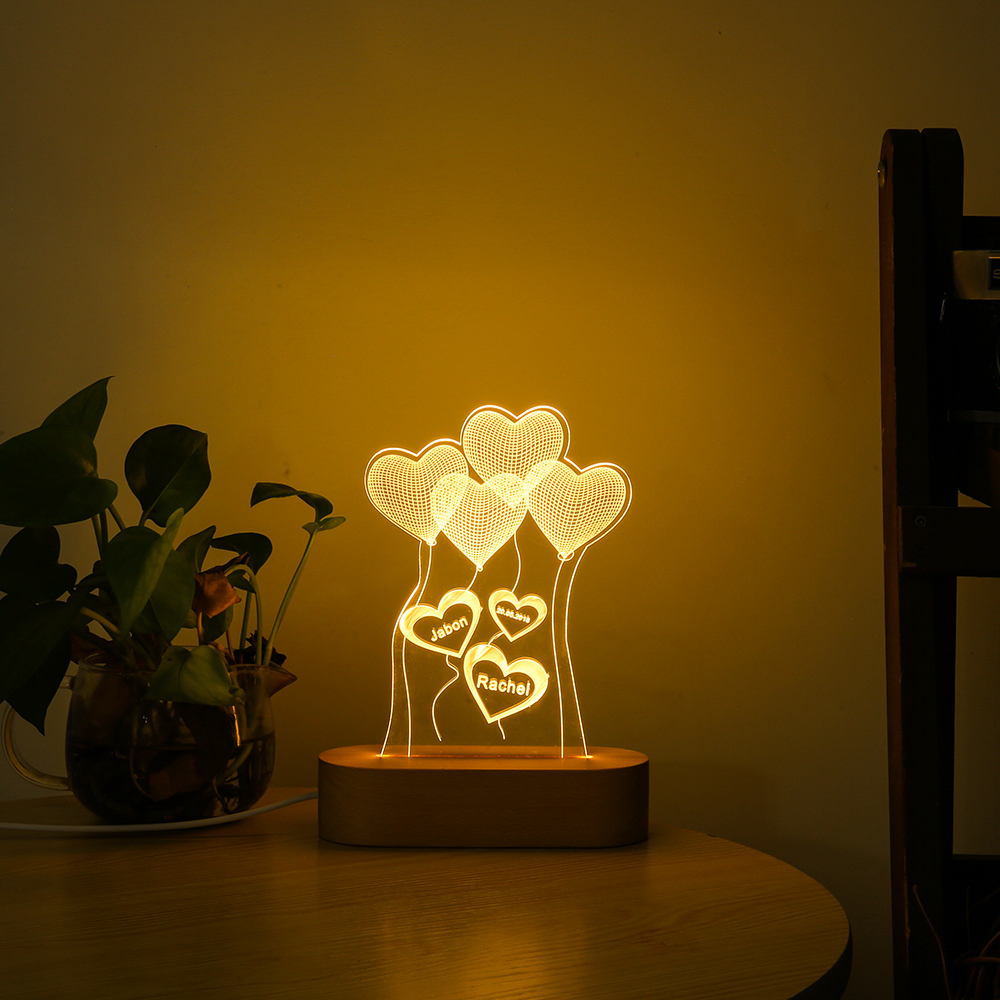 Lámpara de globo de corazón 3D Ilusión Luz de Noche LED 3 nombres personalizados