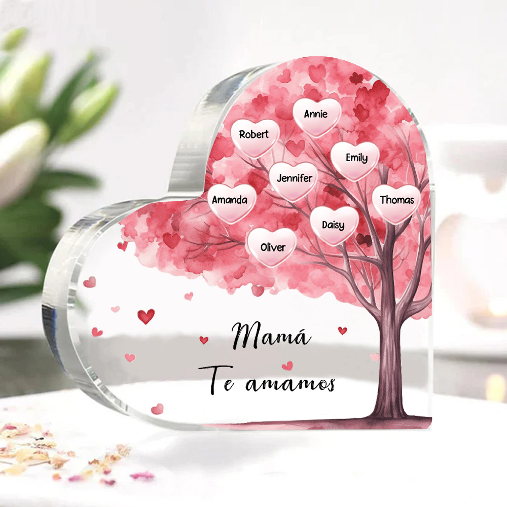 A mi mamá/abuela-Placa de acrílico "Árbol" en forma de corazón 8 nombres y 1 texto personalizados-Jessemade ES