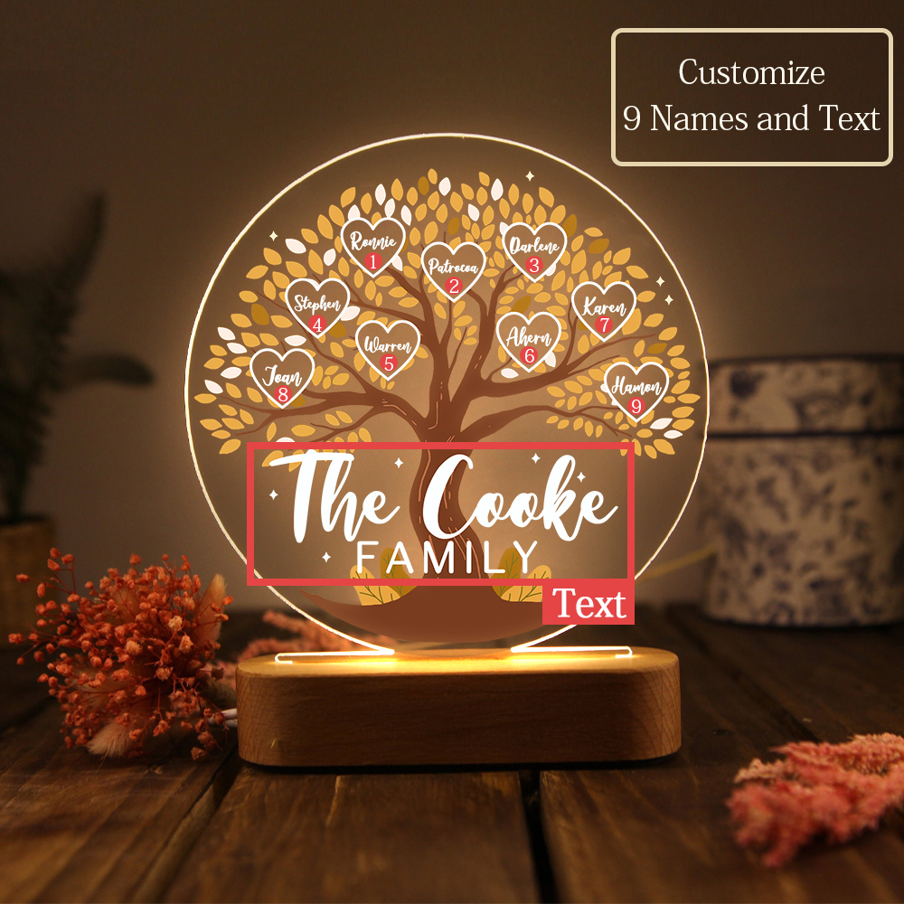 Lámpara de noche LED Árbol de la Vida 9 nombres y 1 texto personalizados-Jessemade ES