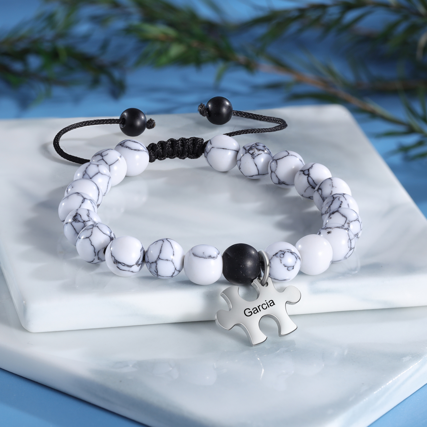 Pulseras de turquesas para pareja con dije de rompecabezas nombre personalizado