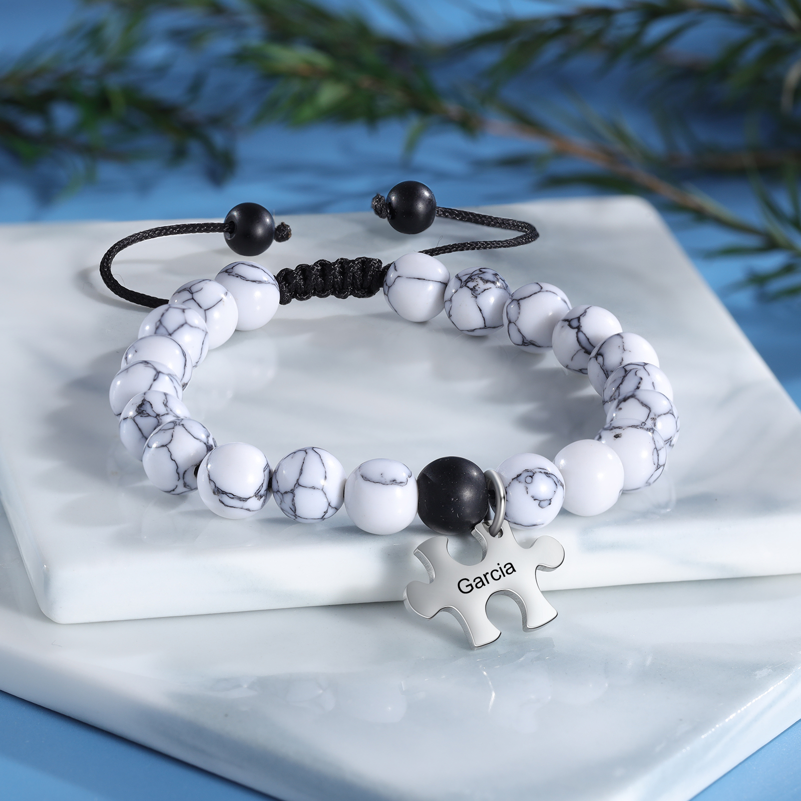 Pulseras de turquesas para pareja con dije de rompecabezas nombre personalizado