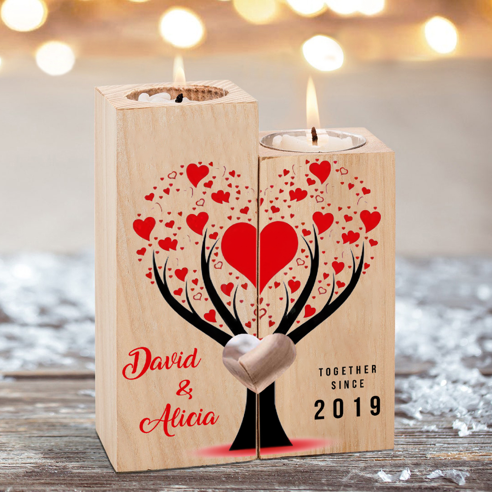 Candelero de árbol de amor para pareja de madera de dos piezas sin candela con 2 nombres y texto personalizados y año-Jessemade ES