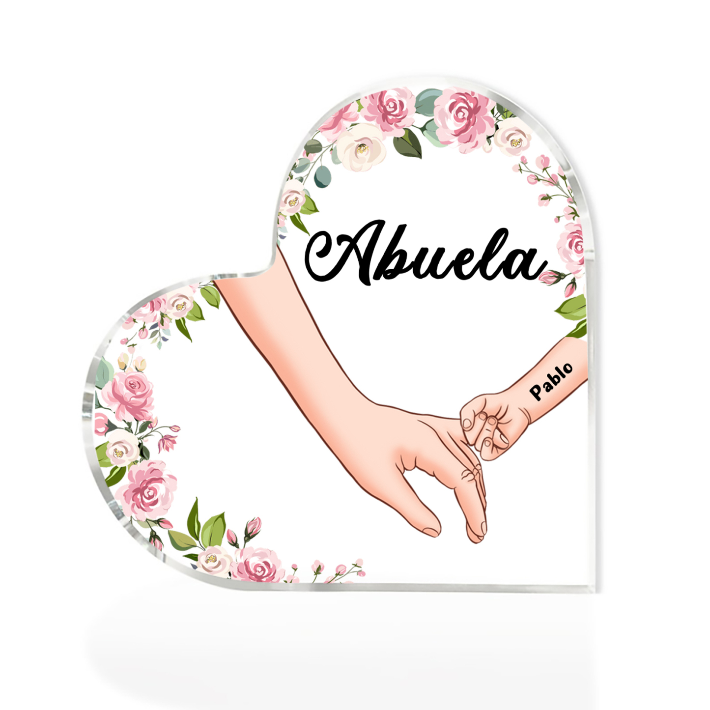 A mi mamá/abuela-Placa de acrílico en forma de corazón mano a mano con 1 texto y 1 nombre personalizado | Jessemade