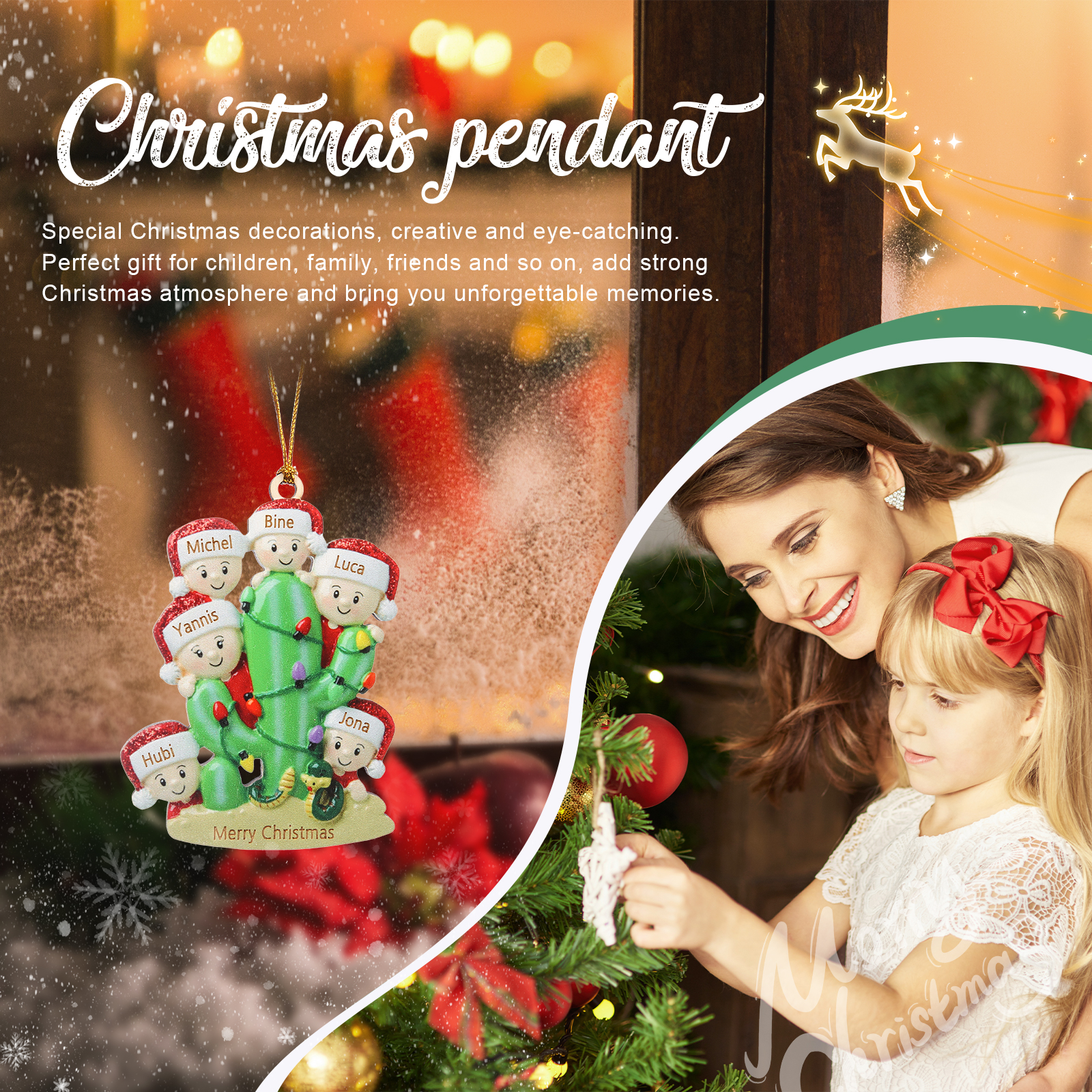 Navidad-Ornamento muñecos navideño de madera cactus 6 nombres y 1 texto personalizados adorno del árbol-Jessemade ES