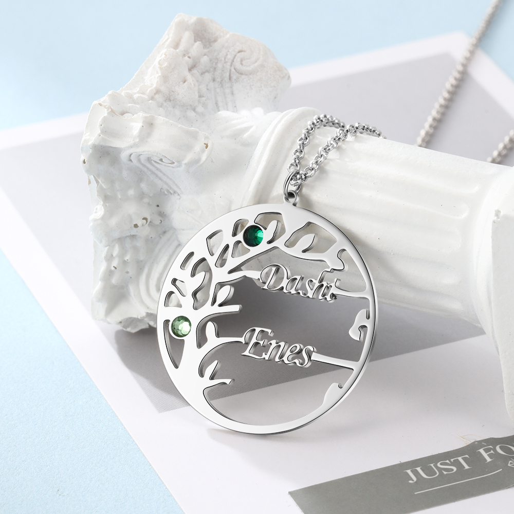 Collar de plata 925 Árbol de la Vida Árbol Genealógico 2 nombres y 2 piedras de nacimiento-Jessemade ES