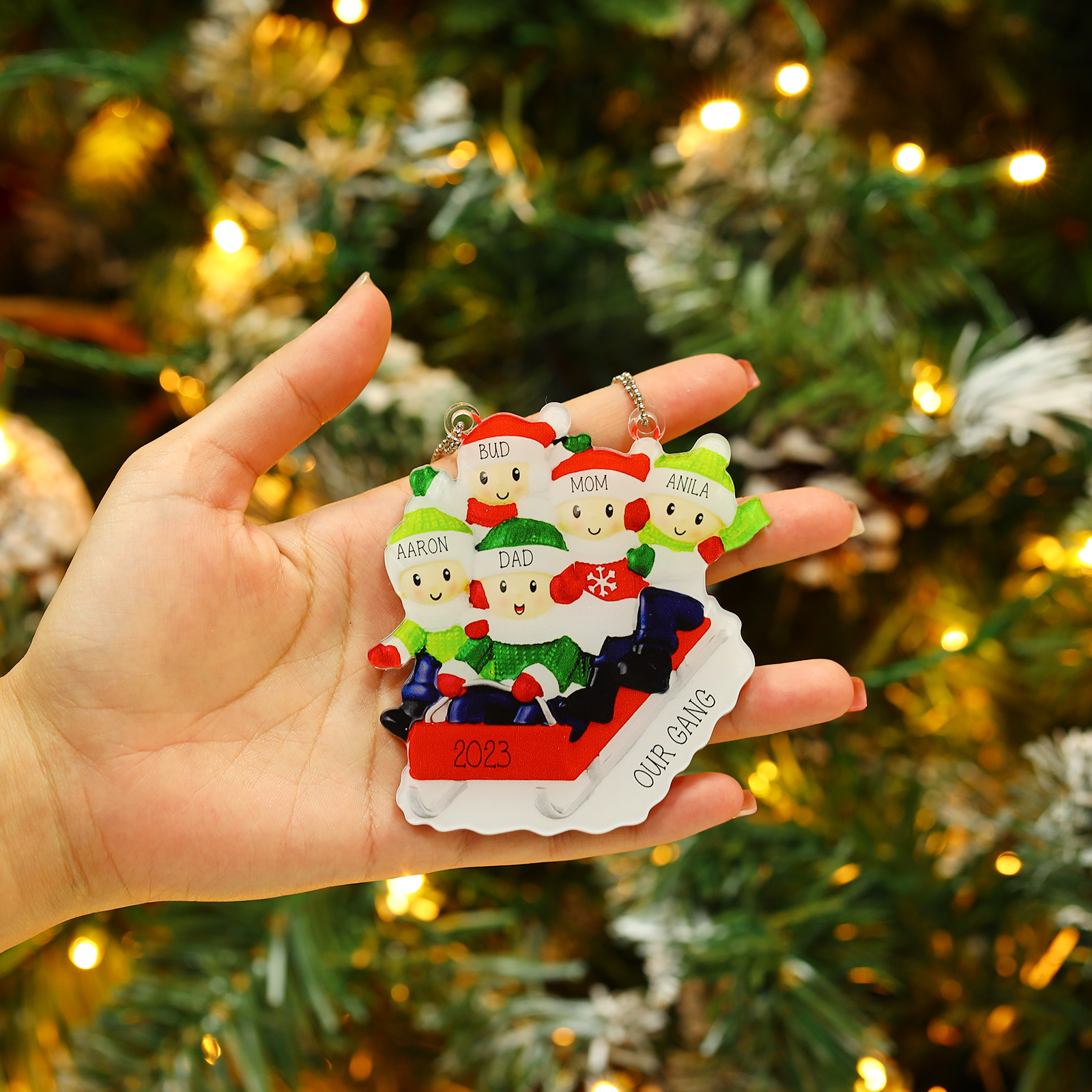 Navidad-Ornamentos Navideños de Acrílico Carro de Esquí 5 Nombres con Texto y Año Personalizados