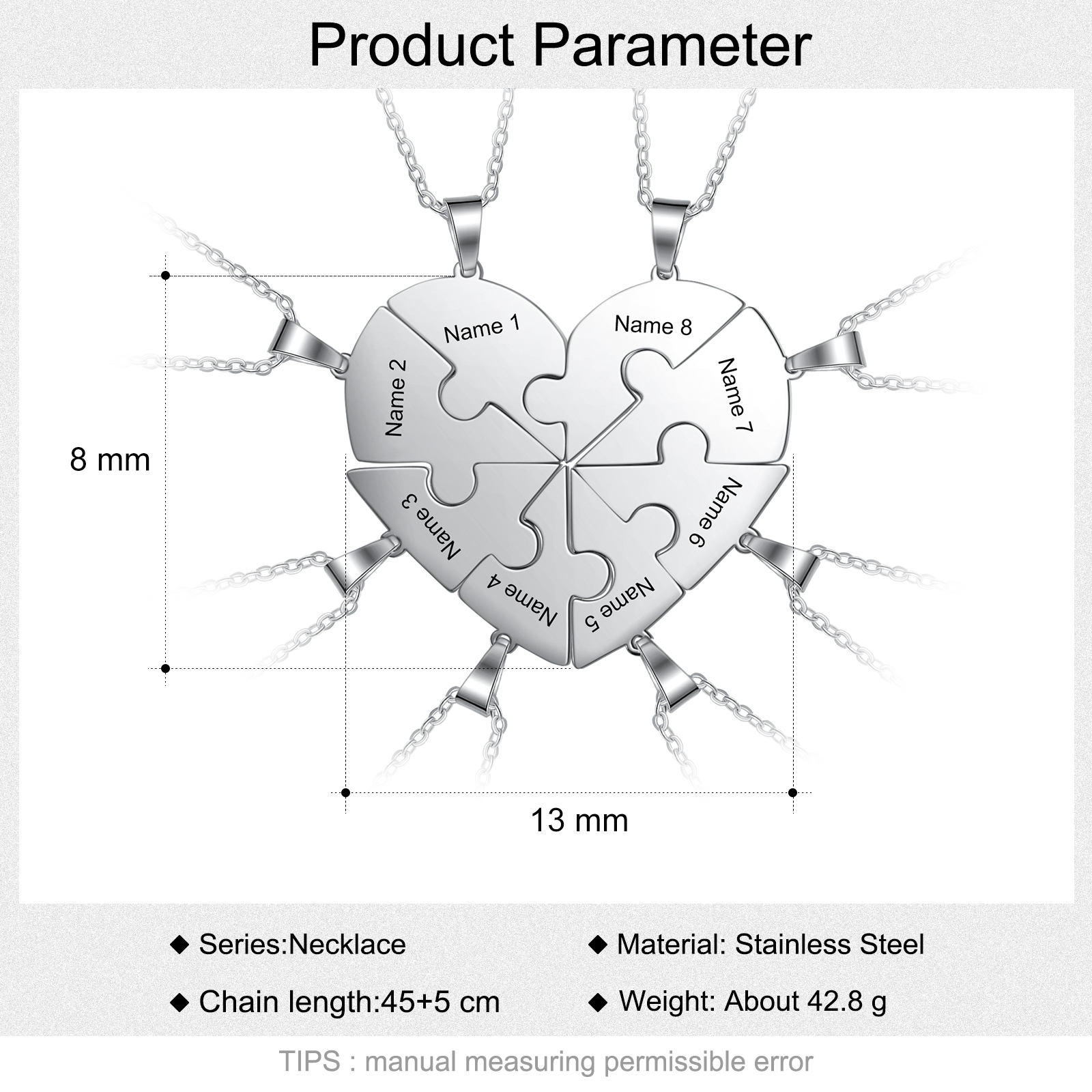 Collares de corazón 8 piezas de rompecabezas 8 nombres personalizados-Jessemade ES