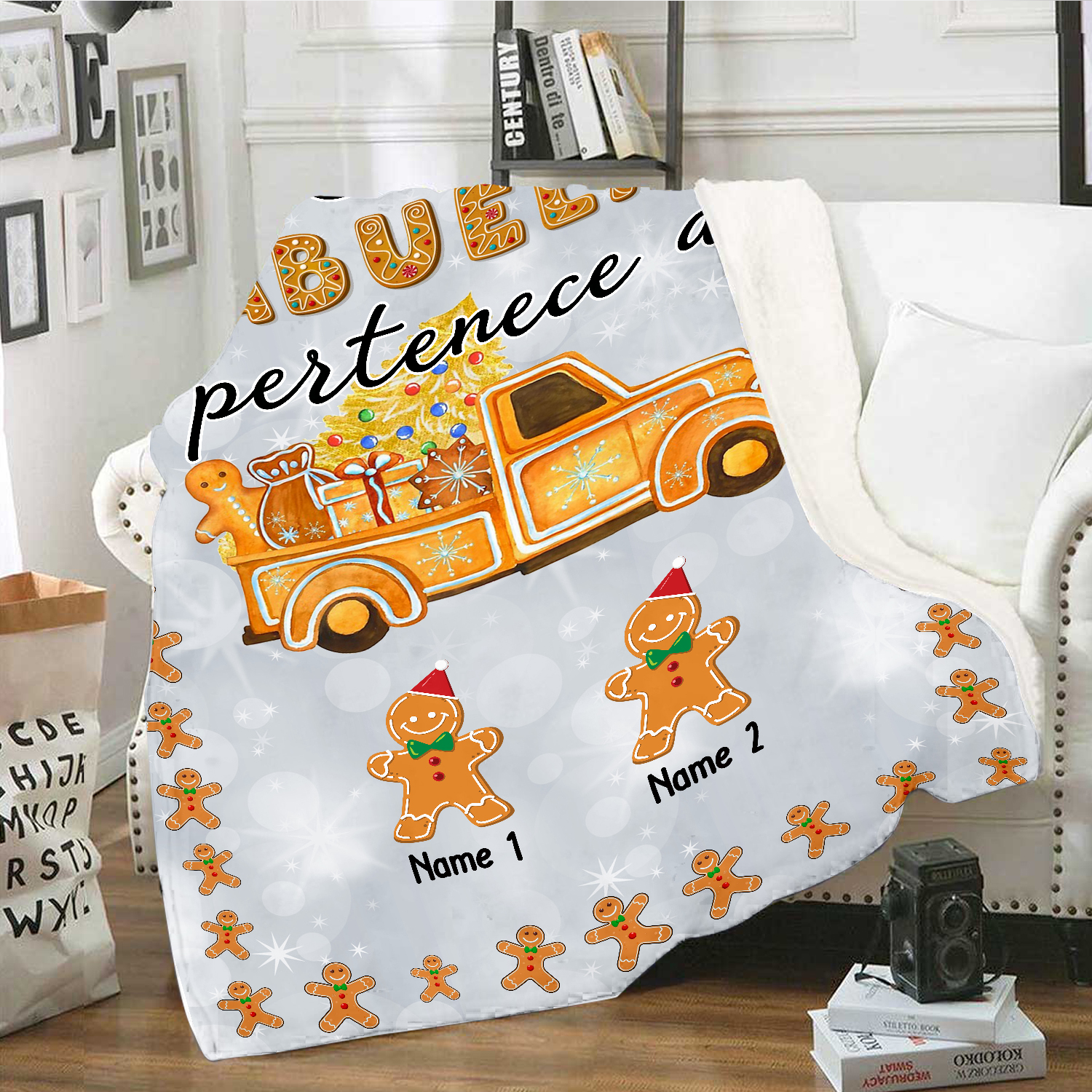 A mi abuela-Manta de buen calidad de Navidad hombres de jengibre personalizada con 2 nombres-Jessemade ES